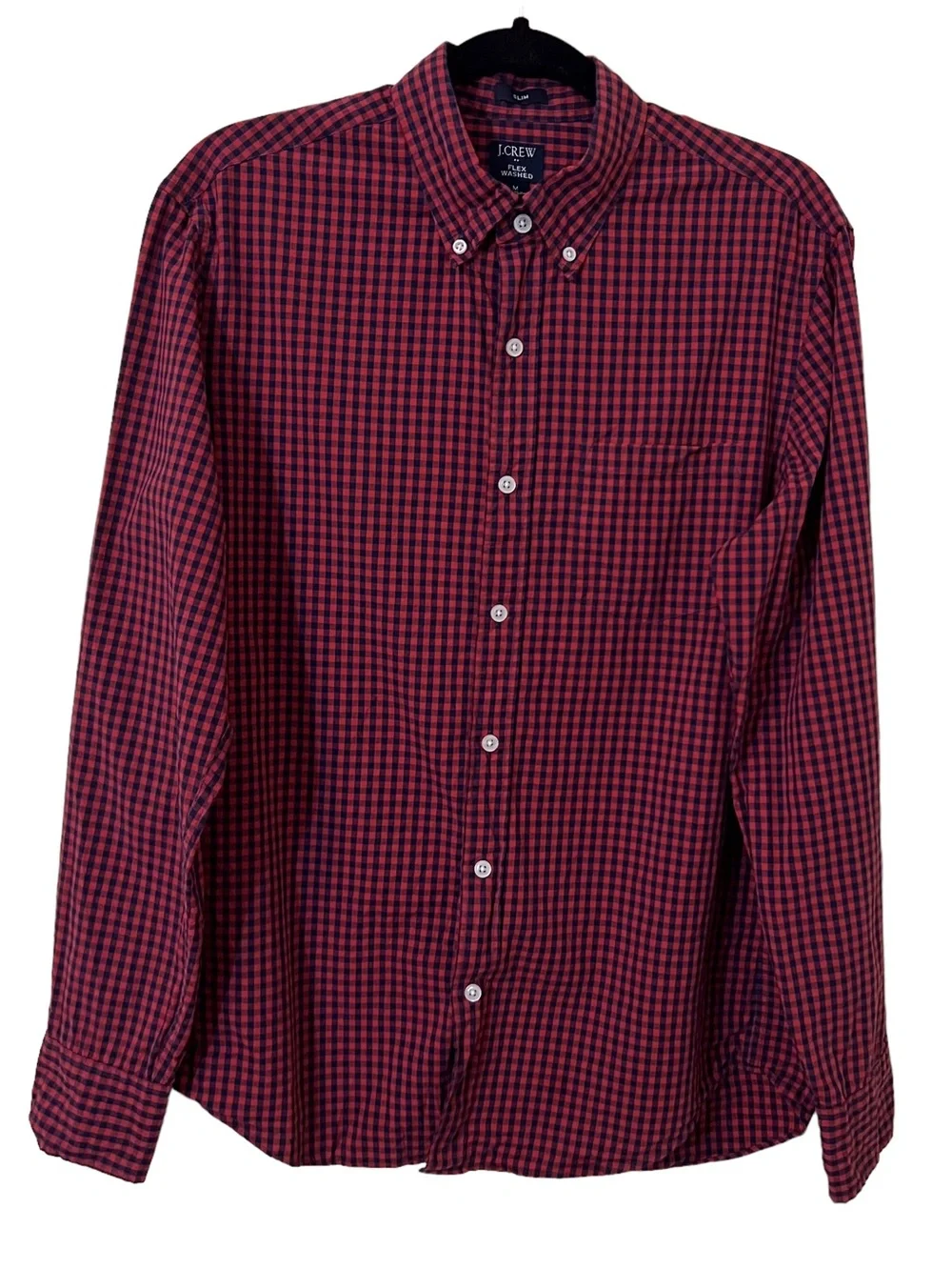 J. Crew Mens Medium Red Flex Washed Shirt Check Gingham Button Up Slim Fit